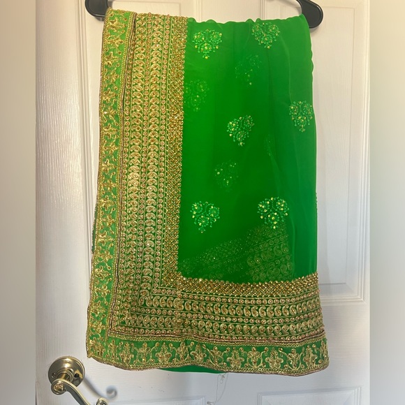 Parrot green georgette heavy saree - Picture 3 of 7